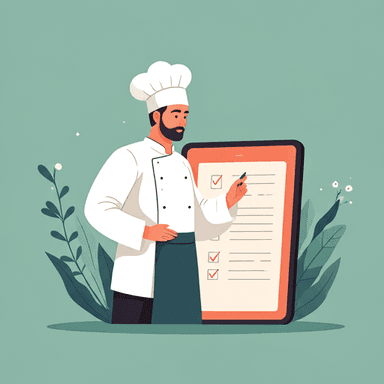 Illustration of a chef reviewing a checklist on a tablet, symbolizing menu creation